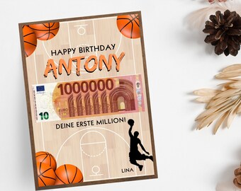 Carte-cadeau en argent pour l'anniversaire d'un joueur de basket-ball, cadeau DIY pour un anniversaire, premier million de cadeaux en espèces, modèle Digital Canvas, cadeau de dernière minute,