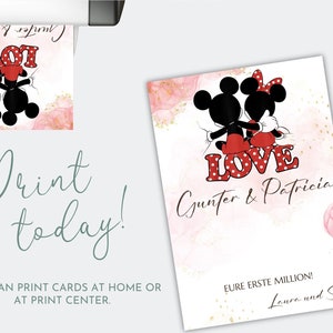 May include: A printable card featuring a cartoon couple, Mickey and Minnie Mouse, with the text "LOVE" in red and white polka dots. The card is pink with gold glitter accents and the names "Gunter & Patricia" are printed below the couple. The text "EURE ERSTE MILLION! Laura und Sem" is printed at the bottom of the card.