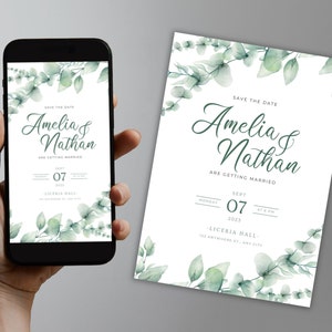 Greenery floral wedding invitation template, greenery pintable and electronic wedding invite, Digital invite, Editable template, Canva #005