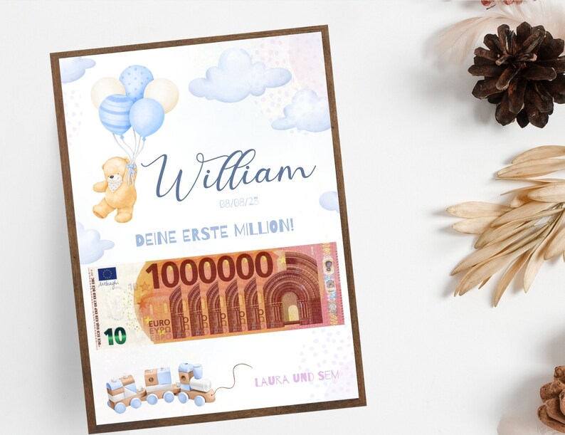 Op de afbeelding: Een blauwe en witte ge&iuml;llustreerde kaart met een teddybeer die ballonnen vasthoudt. De kaart zegt "William 08/08/25 Deine Erste Million!" en toont een nepbiljet van 100.000 euro met het nummer 1000000 erop gedrukt. De kaart heeft ook een speelgoedtrein onderaan met de tekst "Laura und Sem".