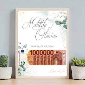 Puede incluir: Una tarjeta blanca con un fondo de acuarela y hojas verdes. La tarjeta dice "Matilde und Tomar" y "Eure erste Million!" con una imagen de un billete de 100.000 euros. La tarjeta está firmada "Laura und Ben".