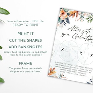 Op de afbeelding: Een printbare verjaardagskaart met een bloemenontwerp en de tekst "Alles gute zum Geburtstag!" met twee grote cijfers "60" die kunnen worden uitgeknipt en versierd met geld.