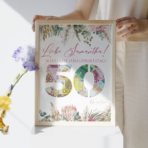 Personalisierte Geldgeschenkkarte zum 50. Geburtstag, Last min Geburtstag Geldkarte, Digitale Blumen Geburtstagskarte, originales Geldgeschenk, bearbeitbar