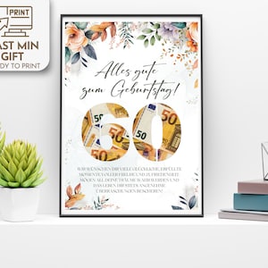 Op de afbeelding: Een printbare verjaardagskaart met een bloemenontwerp en het getal 60 gemaakt van eurobiljetten. De kaart zegt "Alles gute zum Geburtstag!" wat "Gefeliciteerd met je verjaardag!" betekent in het Duits.