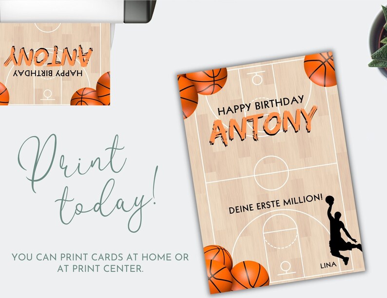 Puede incluir: Tarjeta de cumplea&ntilde;os imprimible con un dise&ntilde;o de cancha de baloncesto con una silueta de jugador de baloncesto y el texto "Happy Birthday Antony" y "Deine Erste Million!"