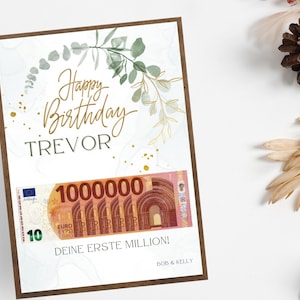 緑の誕生日のお金のギフトカード、誕生日のDIYプレゼント、最初の100万ドルの現金ギフト、ゴールデンポスターデジタルCanvaテンプレート、最後の瞬間のギフト