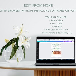 May include: A laptop screen displaying a design template for a wedding invitation with the text "Lotharin" and a watercolor floral design. The text "Edit from home" and "Edit in browser without installing software or fonts" is displayed above the laptop. The text "You can change: Font Colour, Font Style, Font Size, Add your photo or art, Move, rotate, add, delete, etc." is displayed on the right side of the laptop. The text "Canva" is displayed in the bottom right corner of the image.