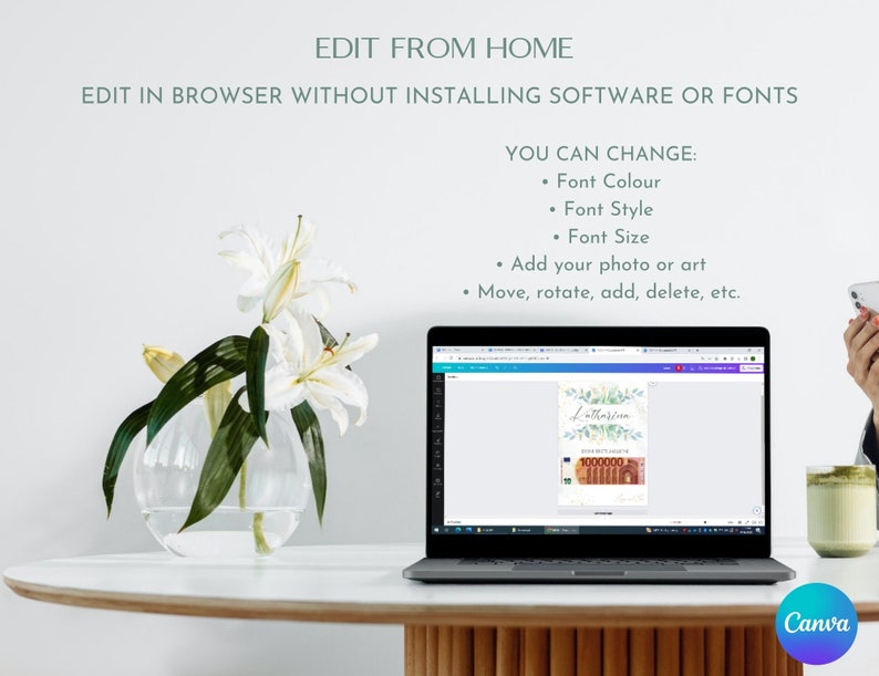 May include: A laptop screen displaying a design template for a wedding invitation with the text "Lotharin" and a watercolor floral design. The text "Edit from home" and "Edit in browser without installing software or fonts" is displayed above the laptop. The text "You can change: Font Colour, Font Style, Font Size, Add your photo or art, Move, rotate, add, delete, etc." is displayed on the right side of the laptop. The text "Canva" is displayed in the bottom right corner of the image.
