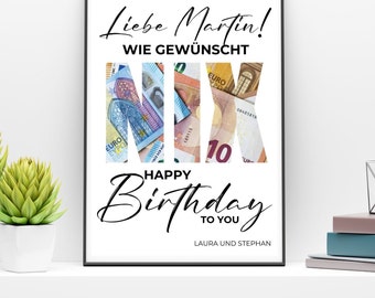 May include: A white card with black text that reads "Liebe Martin! Wie gewünscht" and "Happy Birthday to you" with the word "Nix" spelled out in euro bills. The card is signed "Laura und Stephan".