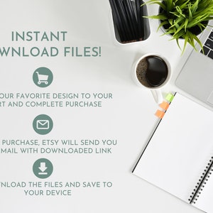 May include: A white background with text that reads "INSTANT DOWNLOAD FILES!" and instructions on how to download digital files after purchase. The image includes a shopping cart icon, an envelope icon, and a download arrow icon.