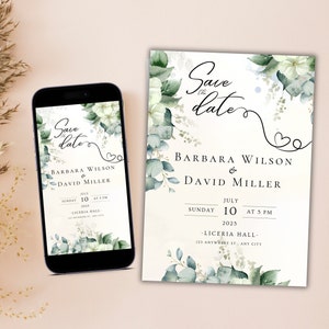 Greenery floral wedding invitation template, greenery printable and electronic wedding invite, Digital invite, Editable template, Canva #024