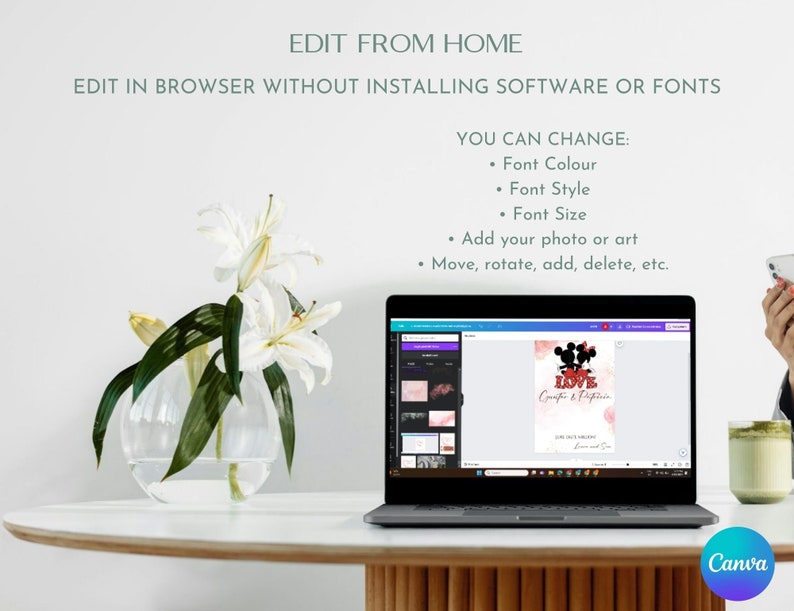 May include: A laptop computer displaying a web page with a design template for a wedding invitation. The template features a cartoon image of Mickey Mouse and Minnie Mouse with the text "LOVE" and "Cafer & Peparin". The text "EDIT FROM HOME" and "EDIT IN BROWSER WITHOUT INSTALLING SOFTWARE OR FONTS" is displayed above the laptop. The text "YOU CAN CHANGE: Font Colour, Font Style, Font Size, Add your photo or art, Move, rotate, add, delete, etc." is displayed on the right side of the laptop.