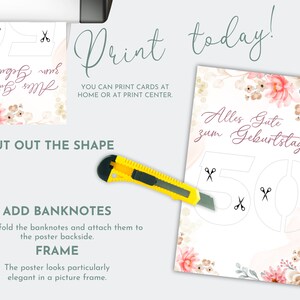 May include: A printable 50th birthday card with a floral design and the text "Alles Gute zum Geburtstag!"  The number 50 is outlined and has cut-out lines for adding money.