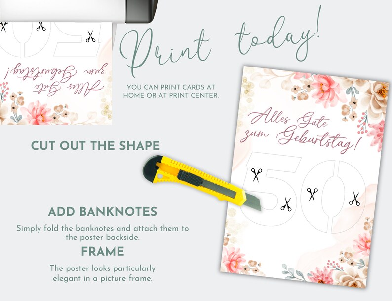 May include: A printable 50th birthday card with a floral design and the text "Alles Gute zum Geburtstag!"  The number 50 is outlined and has cut-out lines for adding money.
