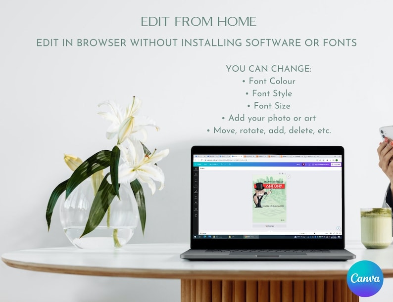 May include: A laptop computer displaying a web page with a birthday card design. The card features a cartoon illustration of a man in a top hat and tuxedo holding a glass of champagne. The text on the card reads "Happy Birthday Anthony". The laptop is on a white table with a vase of white flowers.