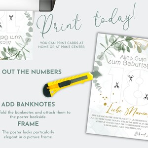 May include: A printable 18th birthday card with a green and gold floral design. The number 18 is cut out and there are scissors drawn around it. The text says "Alles Gute zum Geburtstag!" and "Liebe Maria!"