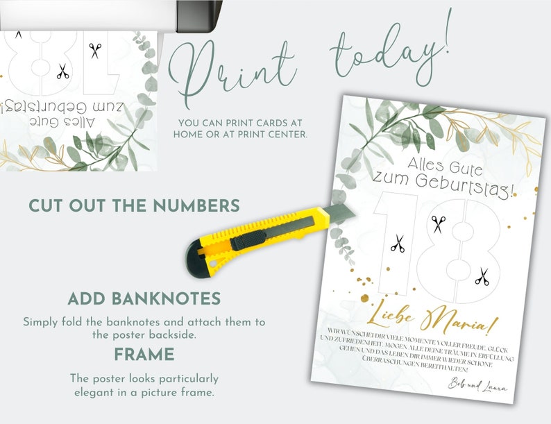 May include: A printable 18th birthday card with a green and gold floral design. The number 18 is cut out and there are scissors drawn around it. The text says "Alles Gute zum Geburtstag!" and "Liebe Maria!"