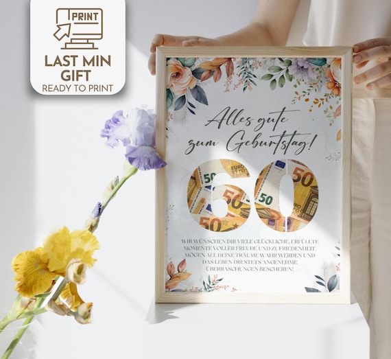 60th Birthday Money Gift Card, Printable Bday Card (PDF)