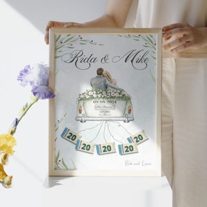 Op de afbeelding: Een aquarel-illustratie van een trouwkaart met een stel in een auto versierd met bloemen. De kaart heeft de tekst "Rida & Mike" en "09.09.2024" met de tekst "Just Married" op de auto. De kaart heeft een groen-witte kleurstelling en heeft een bloemmotief.