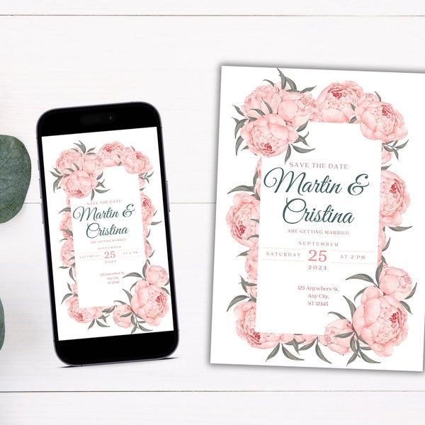 Peony wedding invitation template, Pink peony pintable and electronic wedding invite, Digital invite, Editable template, Canva #018