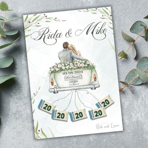 Op de afbeelding: Een trouwkaart met een aquarel-illustratie van een stel in een auto versierd met bloemen. De auto heeft een bord met de tekst "Just Married" en de datum "09/08/2024". De kaart is geadresseerd aan "Rida & Mike" en bevat de tekst "Bub & Louen".