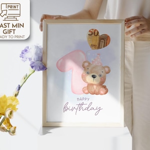 Cartão de presente de aniversário de 1 ano, presente exclusivo, personalizado, faça você mesmo, presentes de aniversário em dinheiro, modelo digital Canva, presente de dinheiro original de última hora