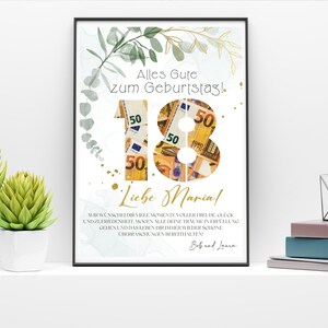 May include: A white printable card with a gold number 18 made of euro bills. The number is surrounded by green eucalyptus leaves. The text "Alles Gute zum Geburtstag!" and "Liebe Maria!" is written in gold. The card is a birthday card for a woman.