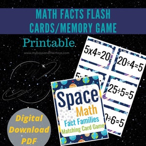May include: Printable space-themed math fact family matching game cards. The cards feature a blue and purple background with stars and planets. The cards have math equations such as 5x4=20, 20÷4=5, 25÷5=5, and 2÷6=5.