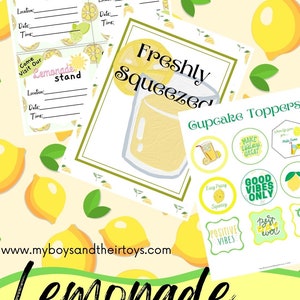 May include: A printable lemonade stand kit with a yellow background and lemons. The kit includes invitations, a sign that says "Freshly Squeezed", and cupcake toppers with phrases like "Make Today Great" and "Good Vibes Only".