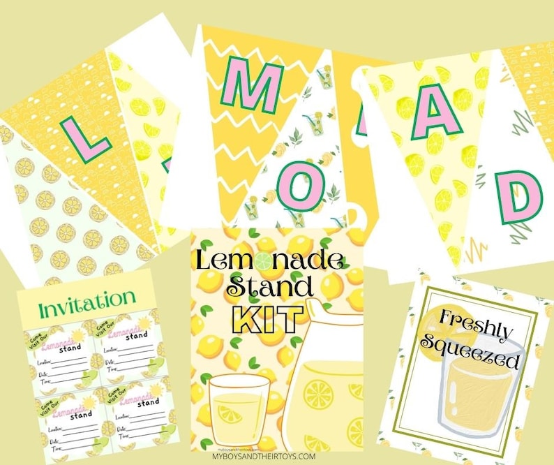 May include: A printable lemonade stand kit with a yellow and white color scheme. The kit includes a banner with the letters "Lemonade Stand", invitations, and a sign that says "Freshly Squeezed".