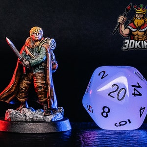May include: A hand-painted miniature figure of a fantasy character with a sword and a backpack, standing on a rocky base. The figure is painted in shades of brown, green, and red. The figure is standing on a black base with a white rim. The figure is in front of a purple and blue glowing 20-sided die.