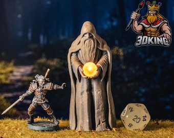Estatua de mago místico con orbe LED: miniatura de resina impresa en 3D, terreno para D&D TTRPG