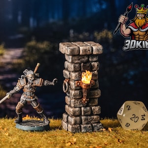 May include: A miniature figure of a fantasy character with a sword and a white beard, standing in front of a stone pillar with a lit torch. A white 20-sided die is in the foreground.