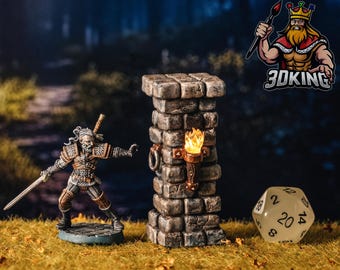 LED Dungeon Pillar with Torch: 3D Printed Resin Miniature, DnD Terrain