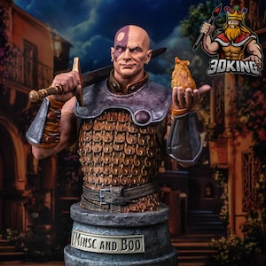 May include: A detailed bust of a bald warrior with a sword and a small, furry creature. The warrior wears bronze armor and has a distinctive purple marking on his head. The base of the bust reads "MINSC AND BOO". The 3DKING logo is visible in the background.