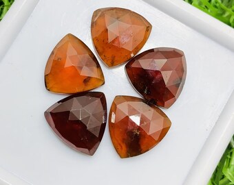 Pode incluir: Cinco pedras preciosas cortadas em forma triangular em tons de marrom e vermelho. As pedras preciosas estão dispostas em círculo sobre uma superfície branca.