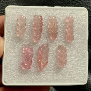 Tourmaline 100 % Natural Pink Tourmaline Leaf Carving Lot, 7 Pieces 30.00 Caret Size 15 mm To 20 mm For Making Jewellery Pendant & Ring Size