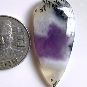 May include: A polished, teardrop-shaped gemstone with a faceted top. The stone features a gradient of colors, including white, purple, and a touch of yellow. Black dendritic inclusions add detail. A coin is next to the stone for size comparison.