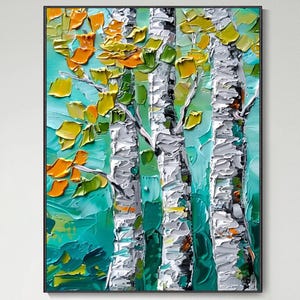 Puede incluir: Una pintura al óleo vertical sobre lienzo que muestra tres abedules con corteza blanca texturizada. El follaje está representado con gruesas pinceladas de impasto en tonos vibrantes de amarillo, naranja y verde sobre un fondo turquesa.