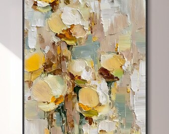 Yellow Tulip Garden Canvas Oil Painting 3D Abstract Creamy Thick Texture Wall Art Impressionist Hand Nature Landscape Boho Decor Birthday