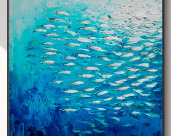 Blue Ocean Hand Painted Canvas Oil Painting Abstract Fish School Animal Texture Decor Art Deep Sea Original Landscape Stylish Living Room