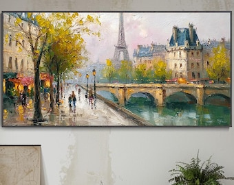 Seine River Landscape Oil Painting Paris Street Scene Hand Canvas Art Thick Impasto Original City Architecture Texture Romantic French