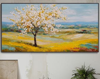 Tree Of Life Oil Painting Yellow Meadow Texture Art White Cherry Blossom Landscape 3D Thick Impasto Hand Plant Decor Modern Nature Art