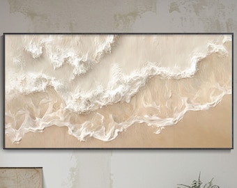 3D Sandstone Texture Decorative Painting Minimalist White Wave Canvas Oil Painting Abstract Wabi-Sabi Art Earth Tone Beach Landscape