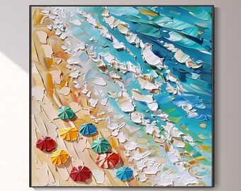 Peinture originale paysage côtier joyeux parasols colorés plage surf art estival personnalisé toile abstraite marine cadeau d'anniversaire