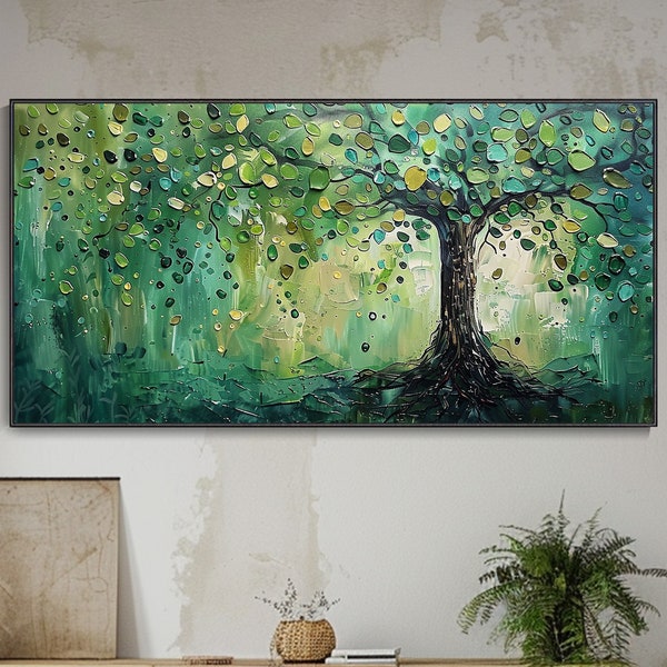 Large Tree Of Life Canvas Oil Painting 3D Hand Palette Knife Art Spring Plant Landscape Abstract Textured Wall Decor Blooming Tower Tree