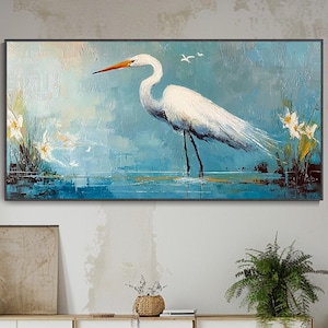 Retrato de grulla blanca óleo pintado a mano paisaje natural de pantano textura floral de narcisos impasto arte minimalista moderno