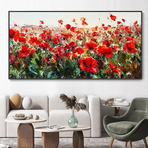 Art mural floral bohémien moderne, art paysager extérieur, fleurs rouges en fleurs, cadeau pour femme, décoration intérieure raffinée