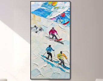 3D Framed Ski Landscape Painting Modern Skiing Party Art Original Creamy Texture Wall Art Abstract Snow Mountain Skiing Canvas Personalized
