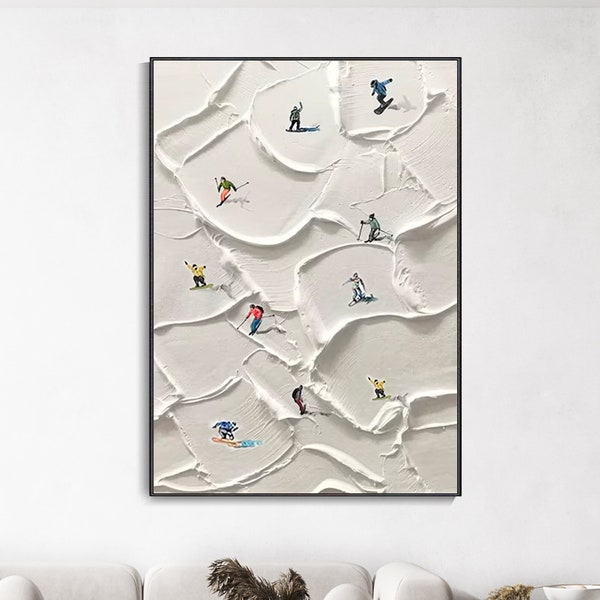 Art mural texturé blanc 3D Peinture à l'huile sur toile sur mesure pour le ski Art de la grande fête de ski sur les montagnes enneigées